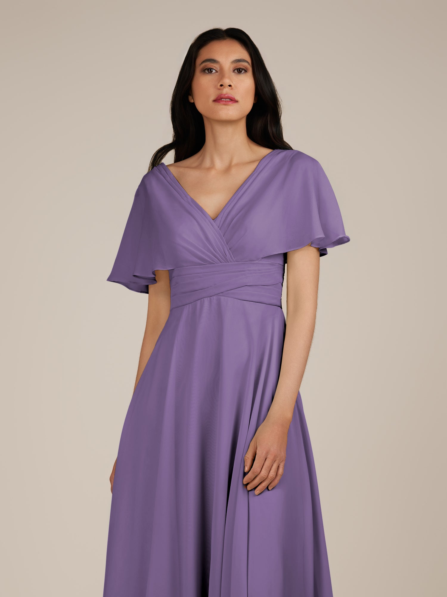 KissDress-Jasper Tahiti A Line Chiffon Cap Sleeves V Neck Long Bridesmaid Dress with Pleats