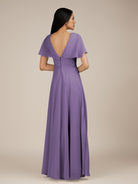 KissDress-Jasper Tahiti A Line Chiffon Cap Sleeves V Neck Long Bridesmaid Dress with Pleats
