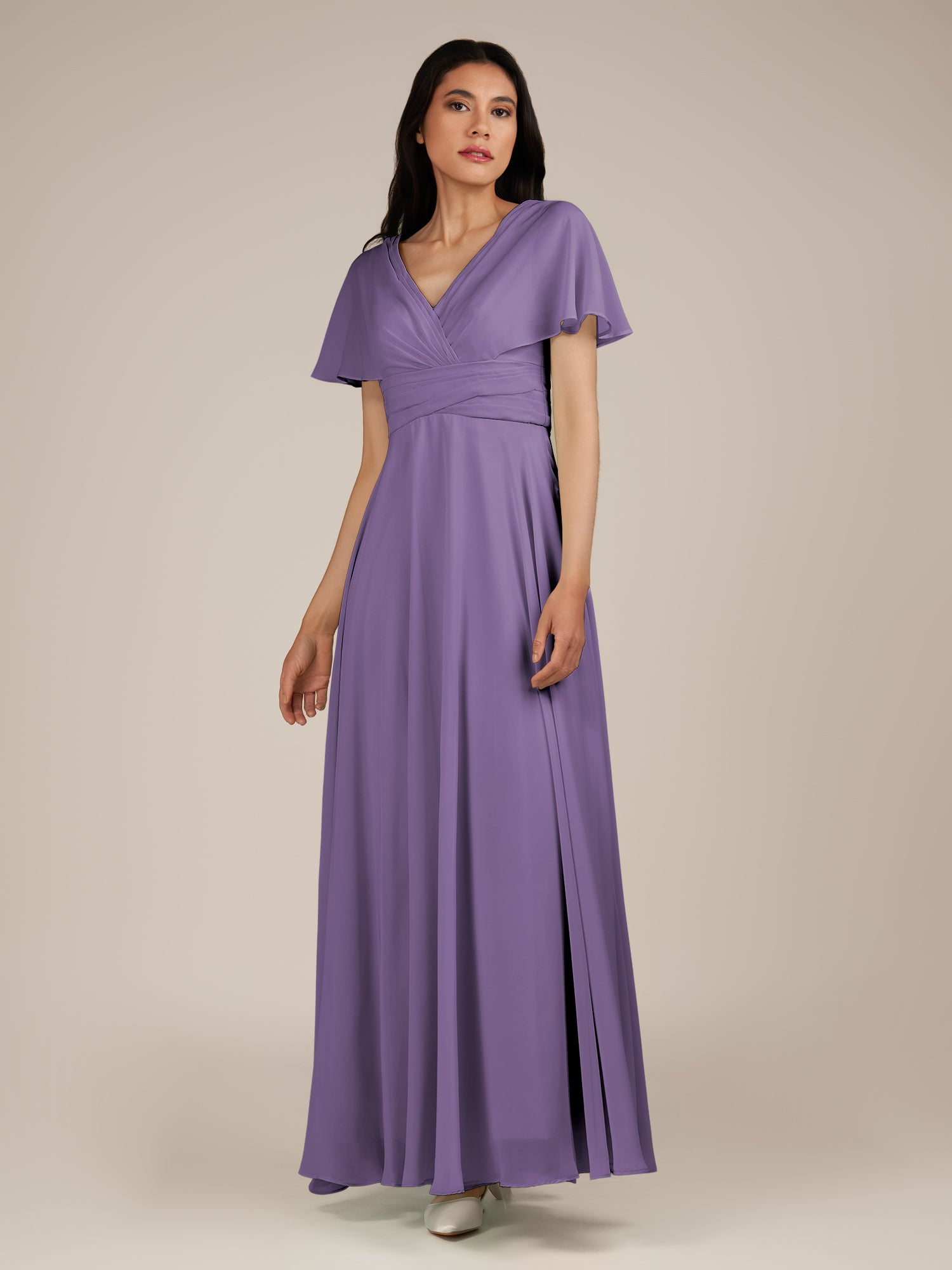 KissDress-Jasper Tahiti A Line Chiffon Cap Sleeves V Neck Long Bridesmaid Dress with Pleats