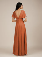KissDress-Jasper Terracotta A Line Chiffon Cap Sleeves V Neck Long Bridesmaid Dress with Pleats