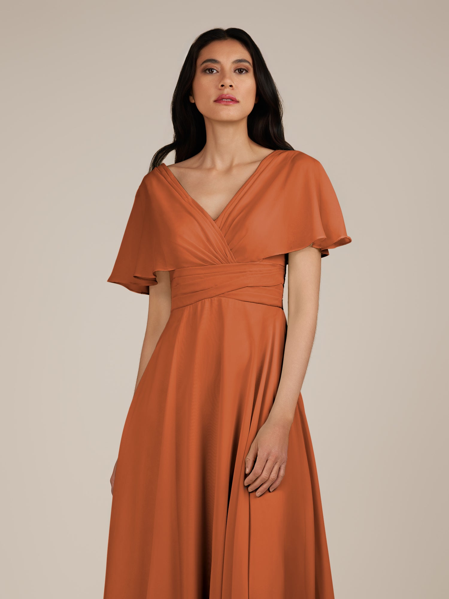 KissDress-Jasper Terracotta A Line Chiffon Cap Sleeves V Neck Long Bridesmaid Dress with Pleats