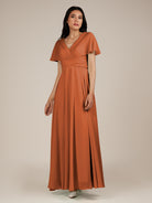 KissDress-Jasper Terracotta A Line Chiffon Cap Sleeves V Neck Long Bridesmaid Dress with Pleats