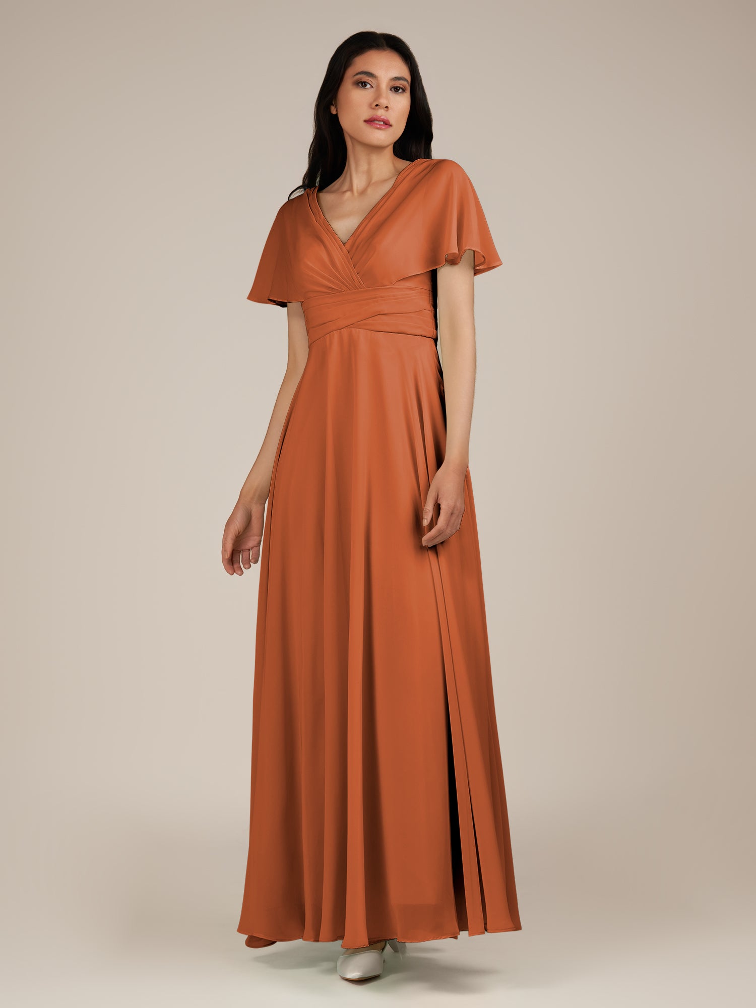 KissDress-Jasper Terracotta A Line Chiffon Cap Sleeves V Neck Long Bridesmaid Dress with Pleats