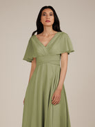 KissDress-Jasper Thyme A Line Chiffon Cap Sleeves V Neck Long Bridesmaid Dress with Pleats