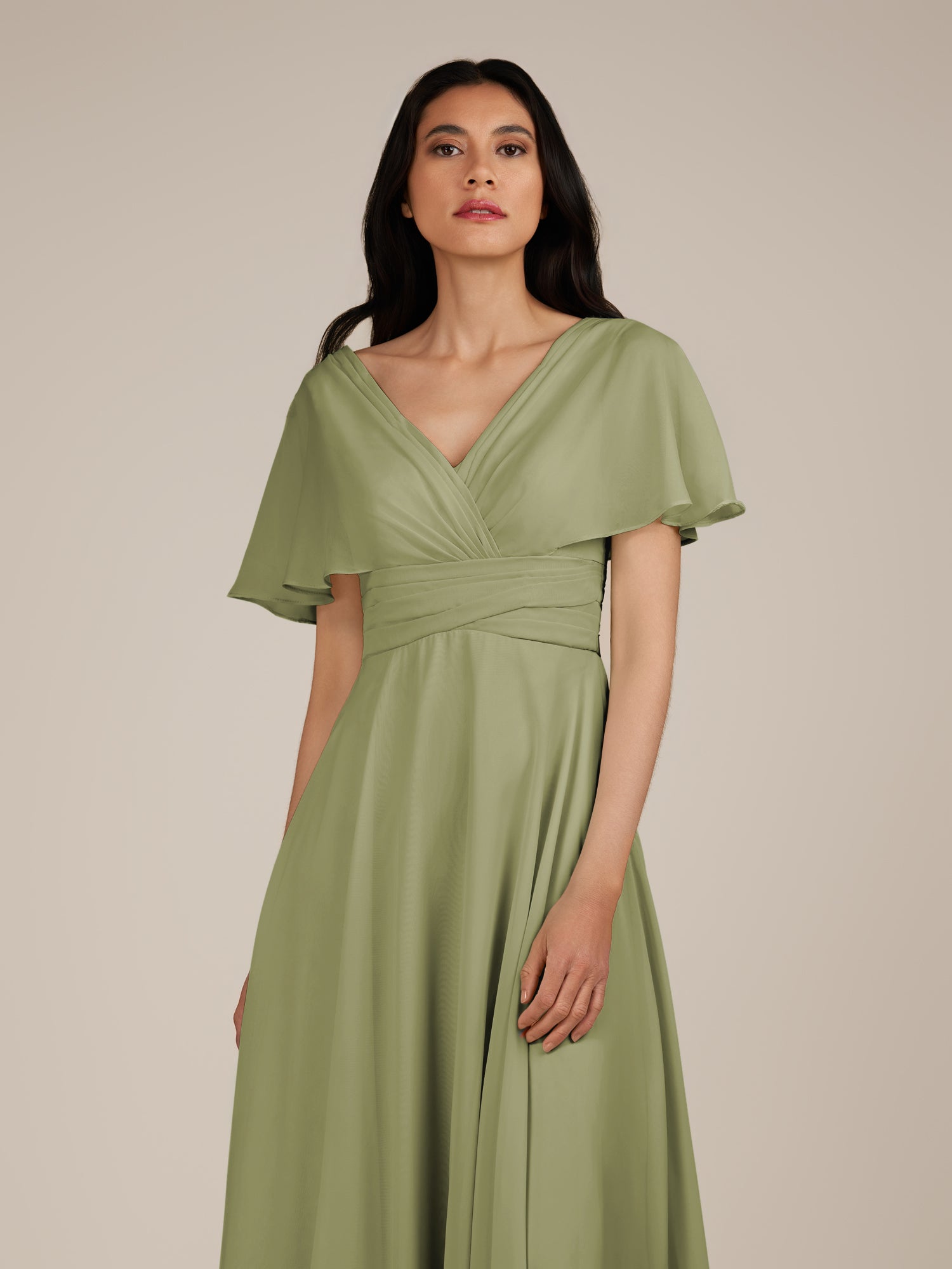 KissDress-Jasper Thyme A Line Chiffon Cap Sleeves V Neck Long Bridesmaid Dress with Pleats