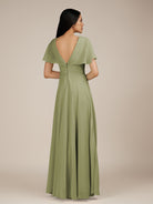 KissDress-Jasper Thyme A Line Chiffon Cap Sleeves V Neck Long Bridesmaid Dress with Pleats