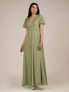 KissDress-Jasper Thyme A Line Chiffon Cap Sleeves V Neck Long Bridesmaid Dress with Pleats