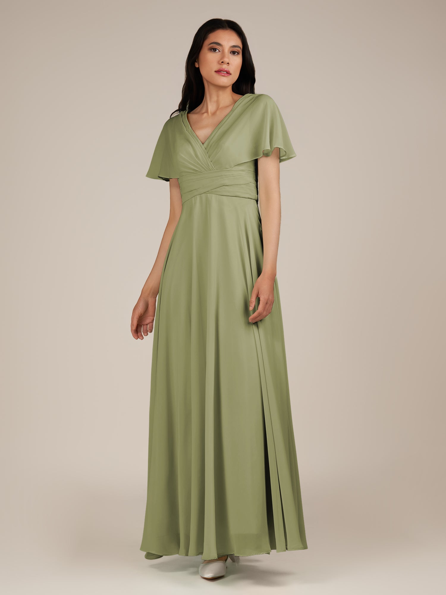 KissDress-Jasper Thyme A Line Chiffon Cap Sleeves V Neck Long Bridesmaid Dress with Pleats