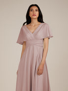 KissDress-Jasper Toffee A Line Chiffon Cap Sleeves V Neck Long Bridesmaid Dress with Pleats
