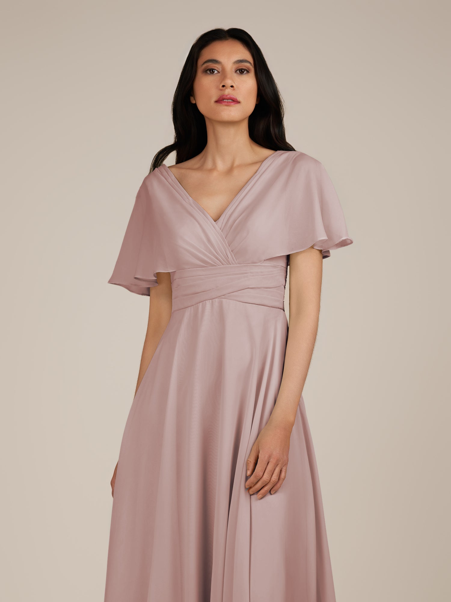 KissDress-Jasper Toffee A Line Chiffon Cap Sleeves V Neck Long Bridesmaid Dress with Pleats