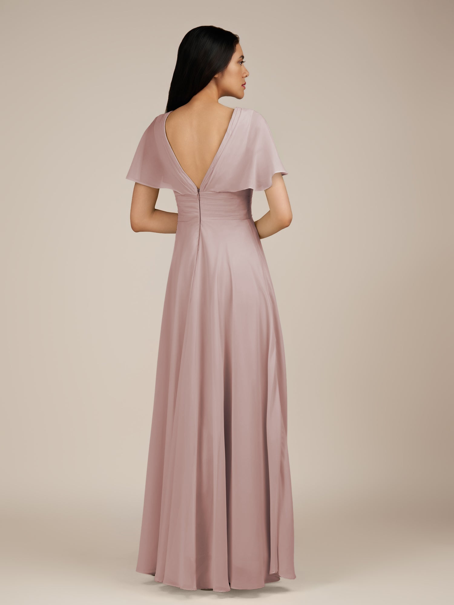 KissDress-Jasper Toffee A Line Chiffon Cap Sleeves V Neck Long Bridesmaid Dress with Pleats