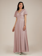 KissDress-Jasper Toffee A Line Chiffon Cap Sleeves V Neck Long Bridesmaid Dress with Pleats