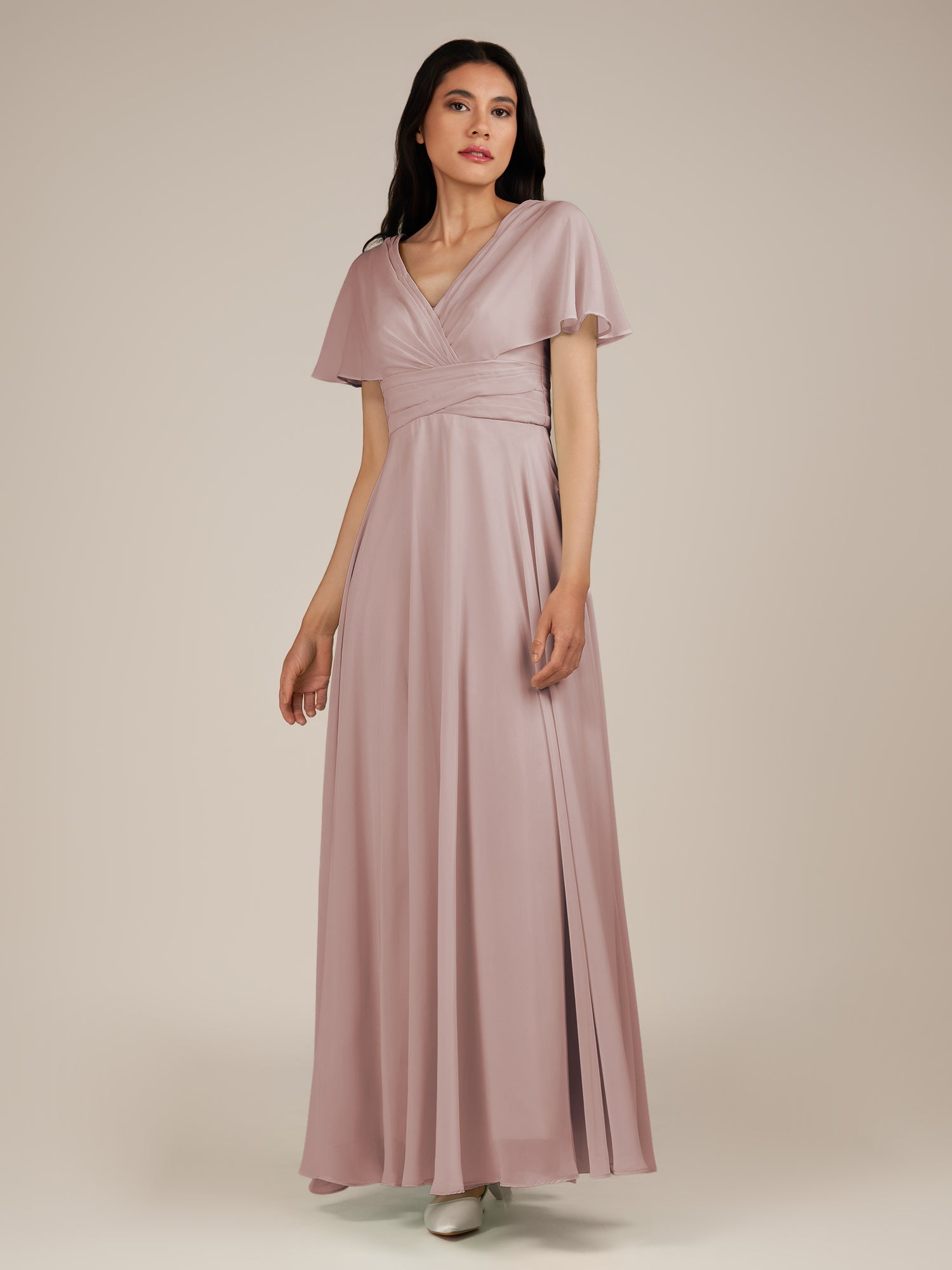 KissDress-Jasper Toffee A Line Chiffon Cap Sleeves V Neck Long Bridesmaid Dress with Pleats