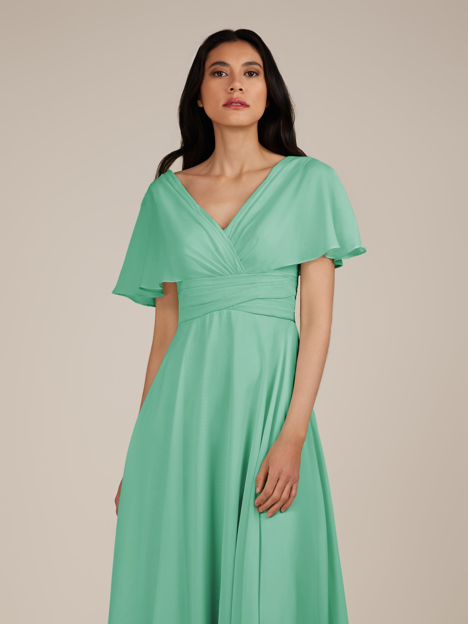 KissDress-Jasper Turquoise A Line Chiffon Cap Sleeves V Neck Long Bridesmaid Dress with Pleats
