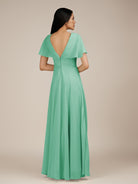 KissDress-Jasper Turquoise A Line Chiffon Cap Sleeves V Neck Long Bridesmaid Dress with Pleats
