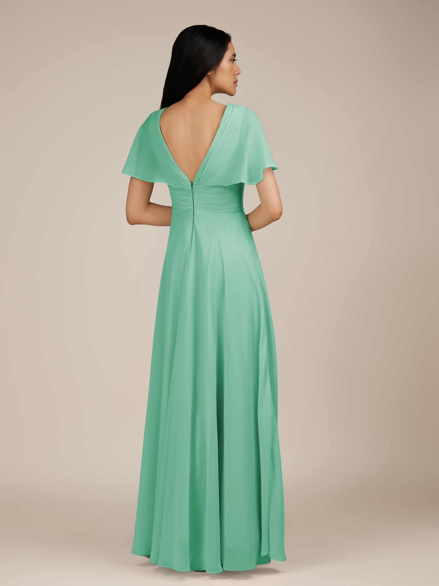 KissDress-Jasper Turquoise A Line Chiffon Cap Sleeves V Neck Long Bridesmaid Dress with Pleats