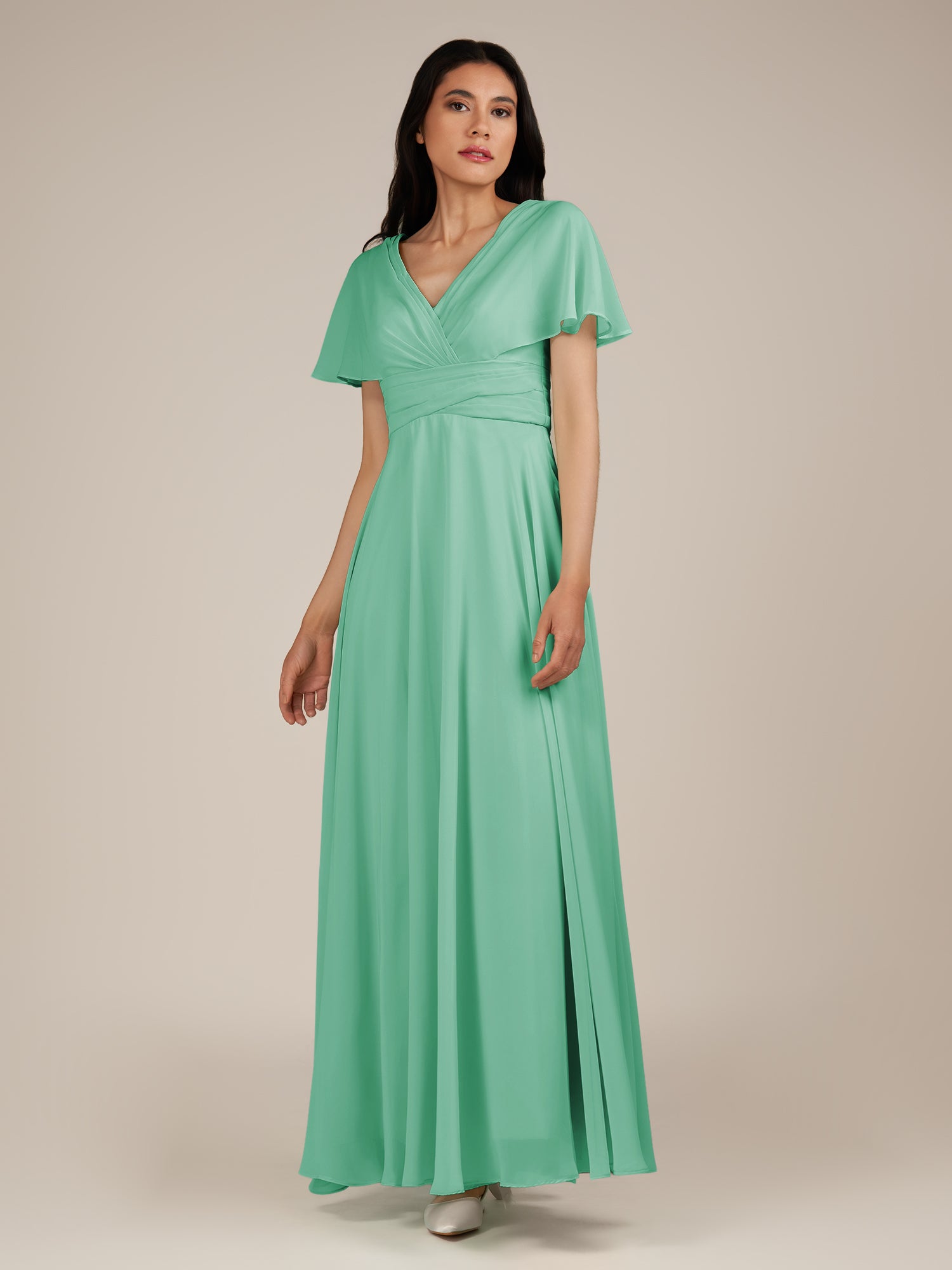KissDress-Jasper Turquoise A Line Chiffon Cap Sleeves V Neck Long Bridesmaid Dress with Pleats