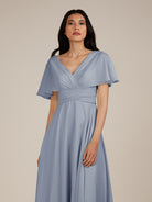 KissDress-Jasper Twilight A Line Chiffon Cap Sleeves V Neck Long Bridesmaid Dress with Pleats