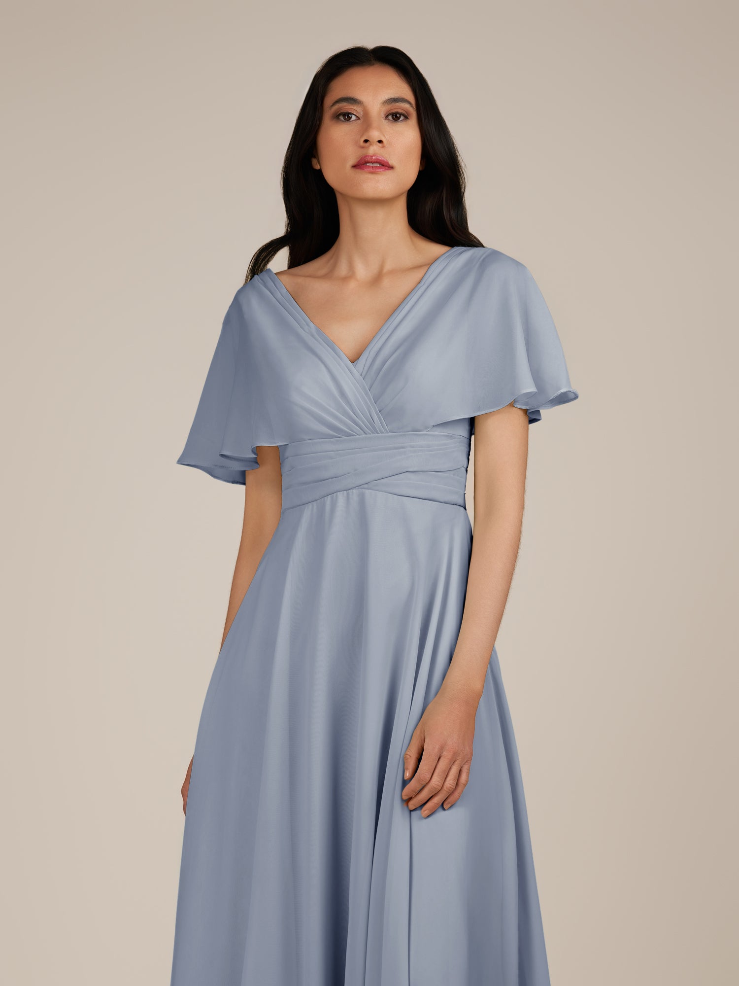 KissDress-Jasper Twilight A Line Chiffon Cap Sleeves V Neck Long Bridesmaid Dress with Pleats