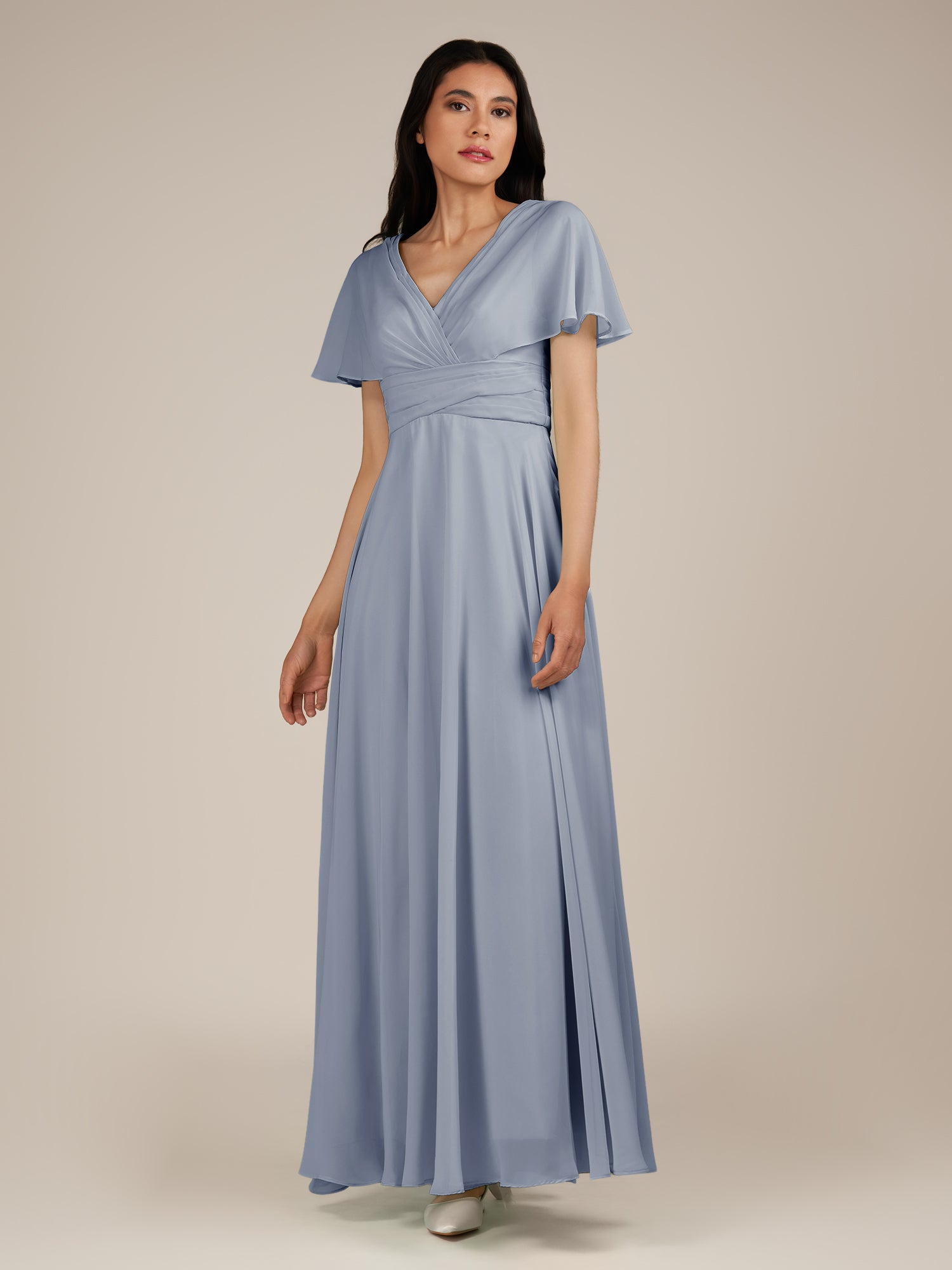 KissDress-Jasper Twilight A Line Chiffon Cap Sleeves V Neck Long Bridesmaid Dress with Pleats