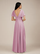 KissDress-Jasper Vintage Mauve A Line Chiffon Cap Sleeves V Neck Long Bridesmaid Dress with Pleats
