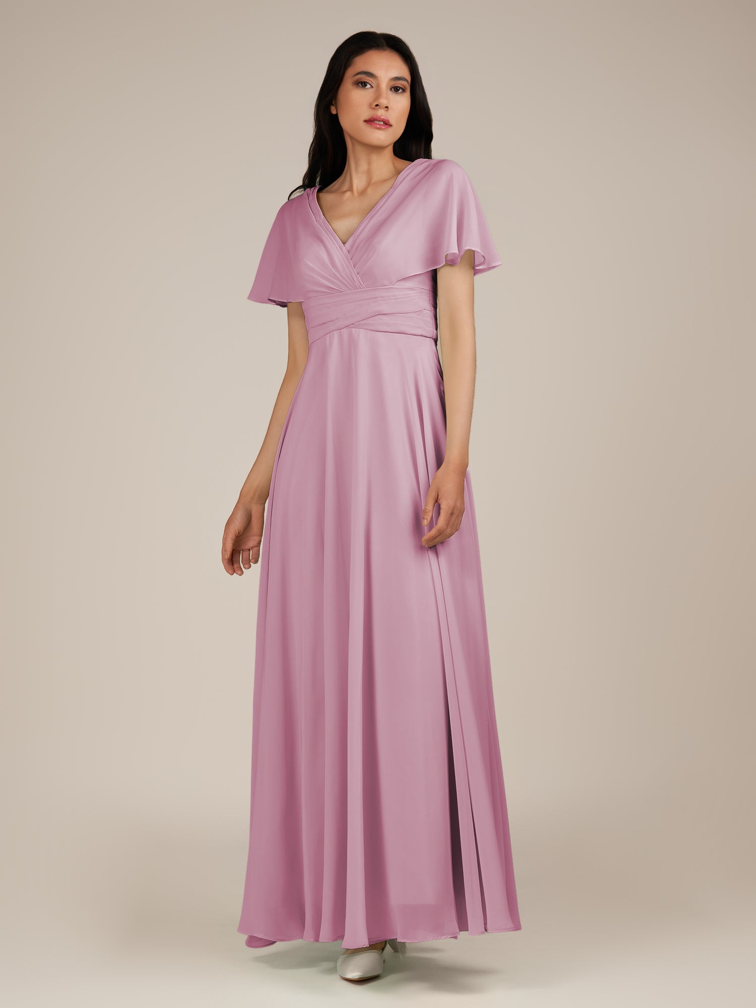 KissDress-Jasper Vintage Mauve A Line Chiffon Cap Sleeves V Neck Long Bridesmaid Dress with Pleats