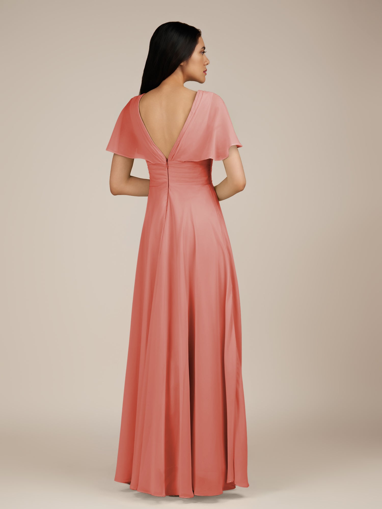 KissDress-Jasper Wild Rose A Line Chiffon Cap Sleeves V Neck Long Bridesmaid Dress with Pleats