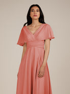 KissDress-Jasper Wild Rose A Line Chiffon Cap Sleeves V Neck Long Bridesmaid Dress with Pleats