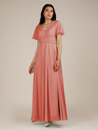KissDress-Jasper Wild Rose A Line Chiffon Cap Sleeves V Neck Long Bridesmaid Dress with Pleats
