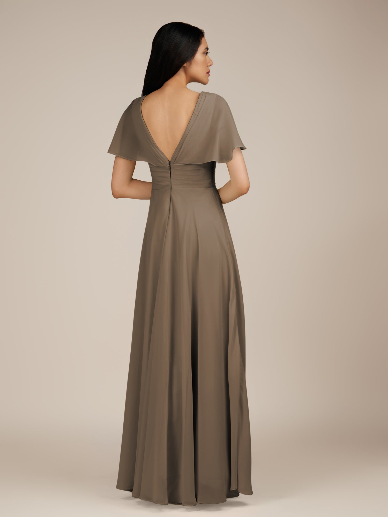 KissDress-Jasper Willow Green A Line Chiffon Cap Sleeves V Neck Long Bridesmaid Dress with Pleats