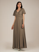 KissDress-Jasper Willow Green A Line Chiffon Cap Sleeves V Neck Long Bridesmaid Dress with Pleats
