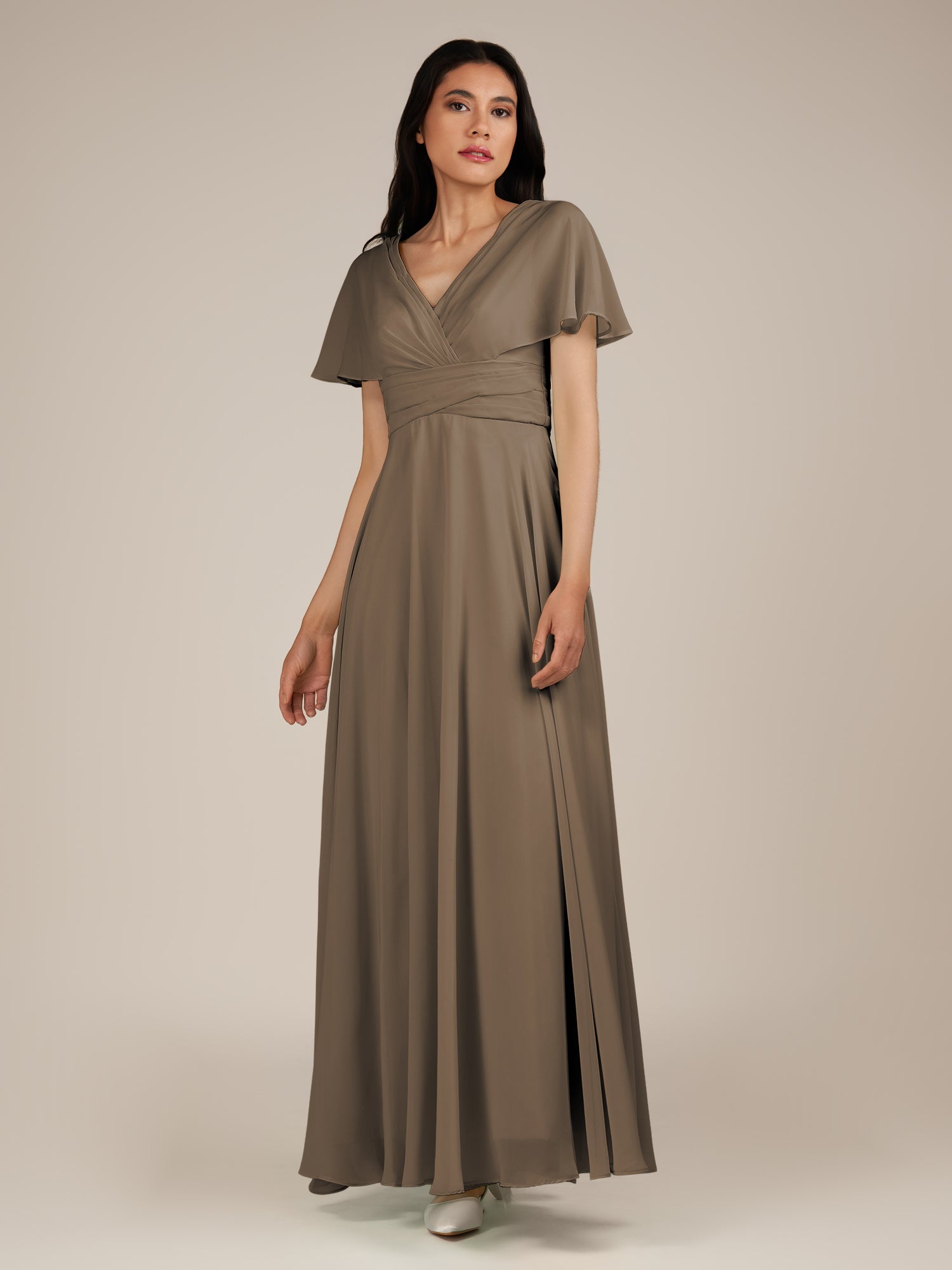 KissDress-Jasper Willow Green A Line Chiffon Cap Sleeves V Neck Long Bridesmaid Dress with Pleats