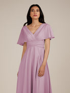 KissDress-Jasper Wisteria A Line Chiffon Cap Sleeves V Neck Long Bridesmaid Dress with Pleats
