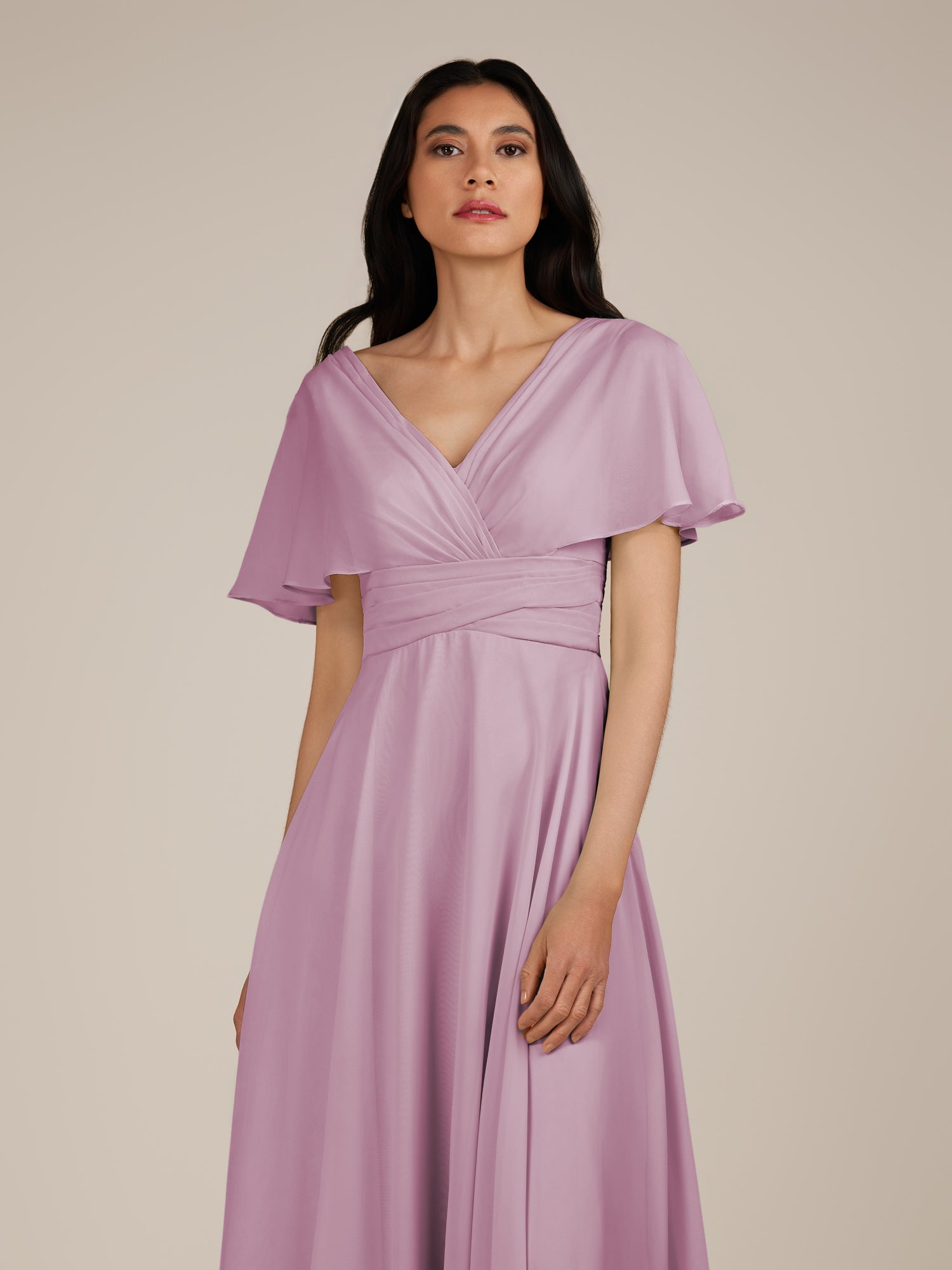 KissDress-Jasper Wisteria A Line Chiffon Cap Sleeves V Neck Long Bridesmaid Dress with Pleats