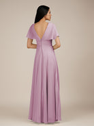 KissDress-Jasper Wisteria A Line Chiffon Cap Sleeves V Neck Long Bridesmaid Dress with Pleats