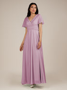 KissDress-Jasper Wisteria A Line Chiffon Cap Sleeves V Neck Long Bridesmaid Dress with Pleats
