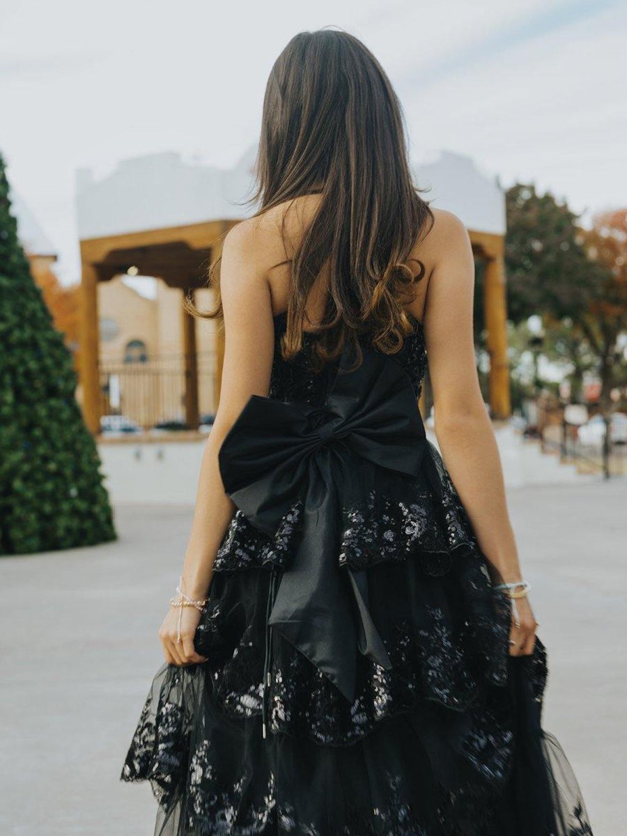 Jonjay | A - Line Sweetheart Sequin Ruffles Long Prom Dresses with Bow - KissProm
