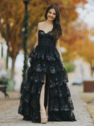 Jonjay | A - Line Sweetheart Sequin Ruffles Long Prom Dresses with Bow - KissProm