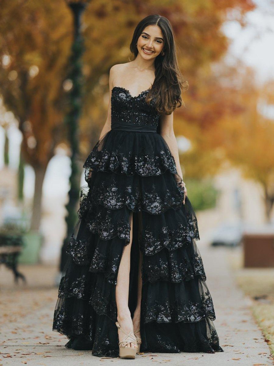 Jonjay | A - Line Sweetheart Sequin Ruffles Long Prom Dresses with Bow - KissProm