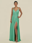 KissDress-Jovia Turquoise A Line Chiffon V Neck Long Bridesmaid Dress with Slit