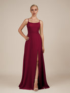 KissDress-Jovienne Berry Sheath Scoop Neck Chiffon Long Bridesmaid Dress with Slit