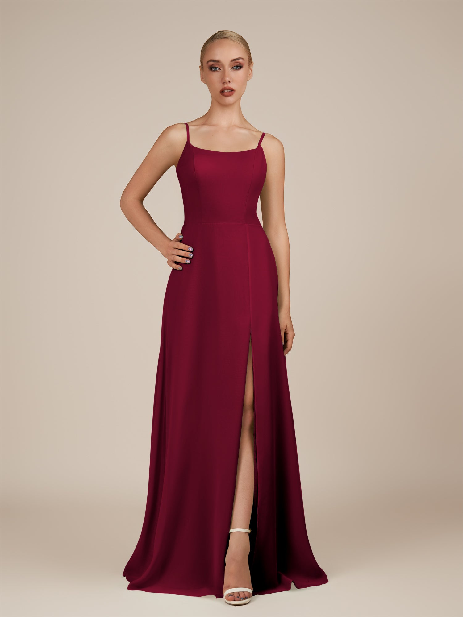 KissDress-Jovienne Berry Sheath Scoop Neck Chiffon Long Bridesmaid Dress with Slit