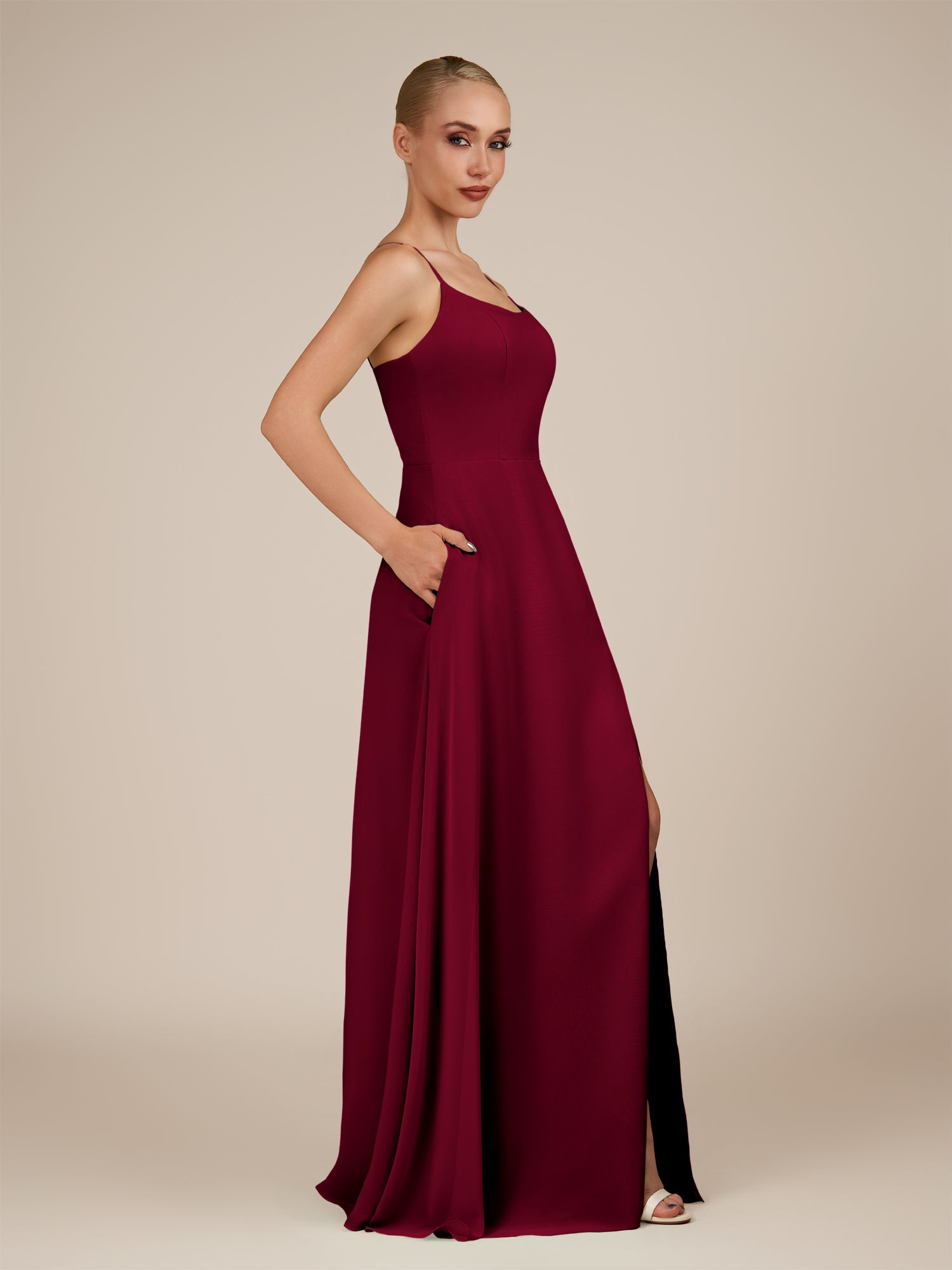 KissDress-Jovienne Berry Sheath Scoop Neck Chiffon Long Bridesmaid Dress with Slit