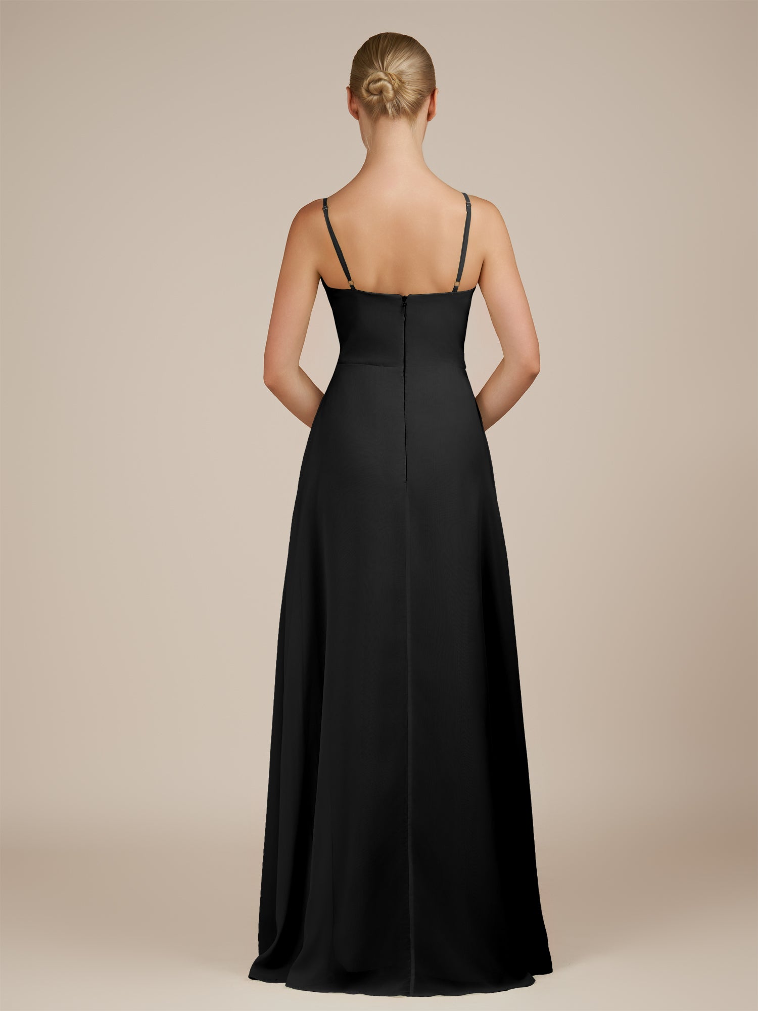 KissDress-Jovienne Black Sheath Scoop Neck Chiffon Long Bridesmaid Dress with Slit