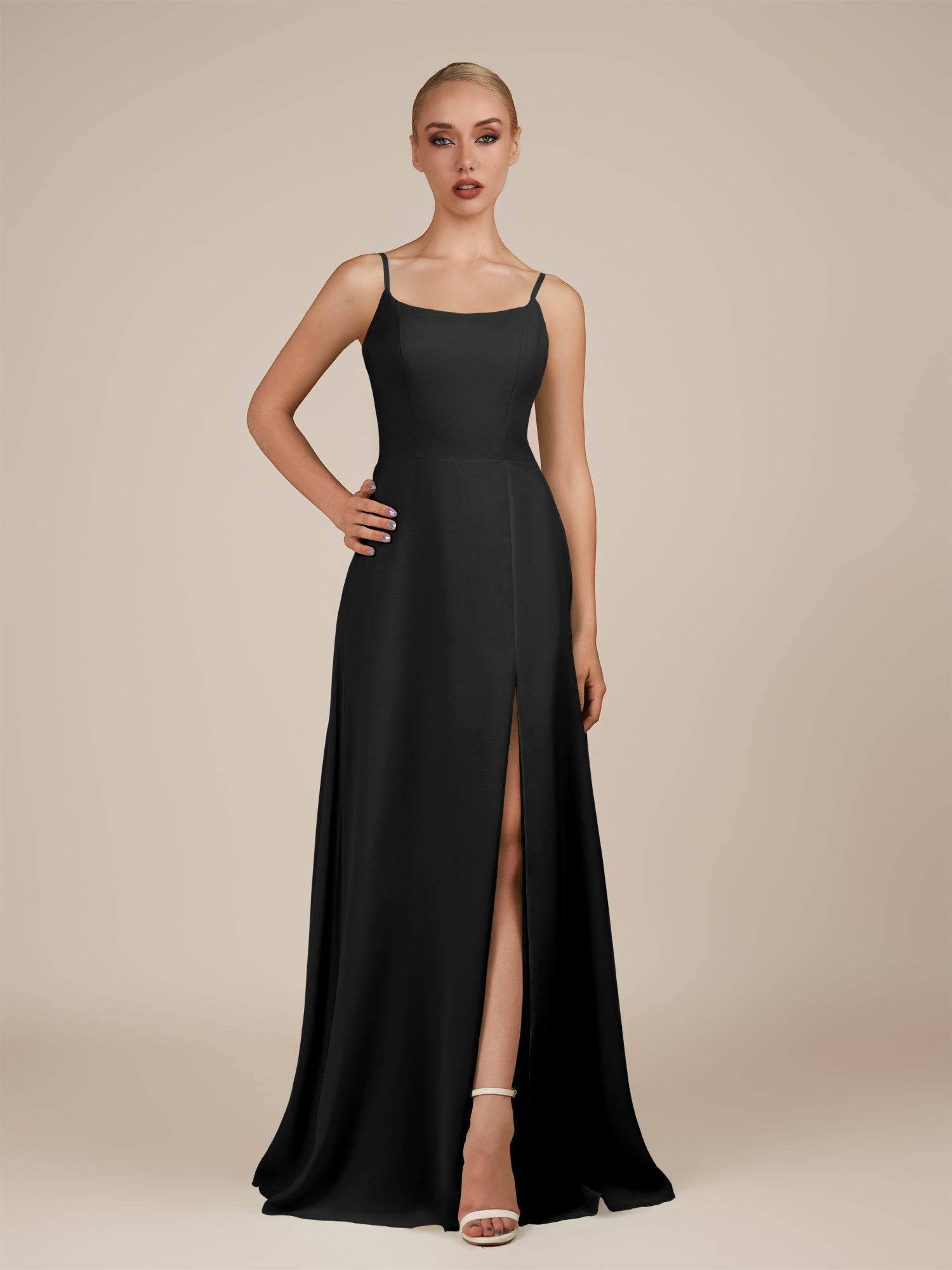 KissDress-Jovienne Black Sheath Scoop Neck Chiffon Long Bridesmaid Dress with Slit