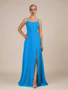 KissDress-Jovienne Blue Jay Sheath Scoop Neck Chiffon Long Bridesmaid Dress with Slit