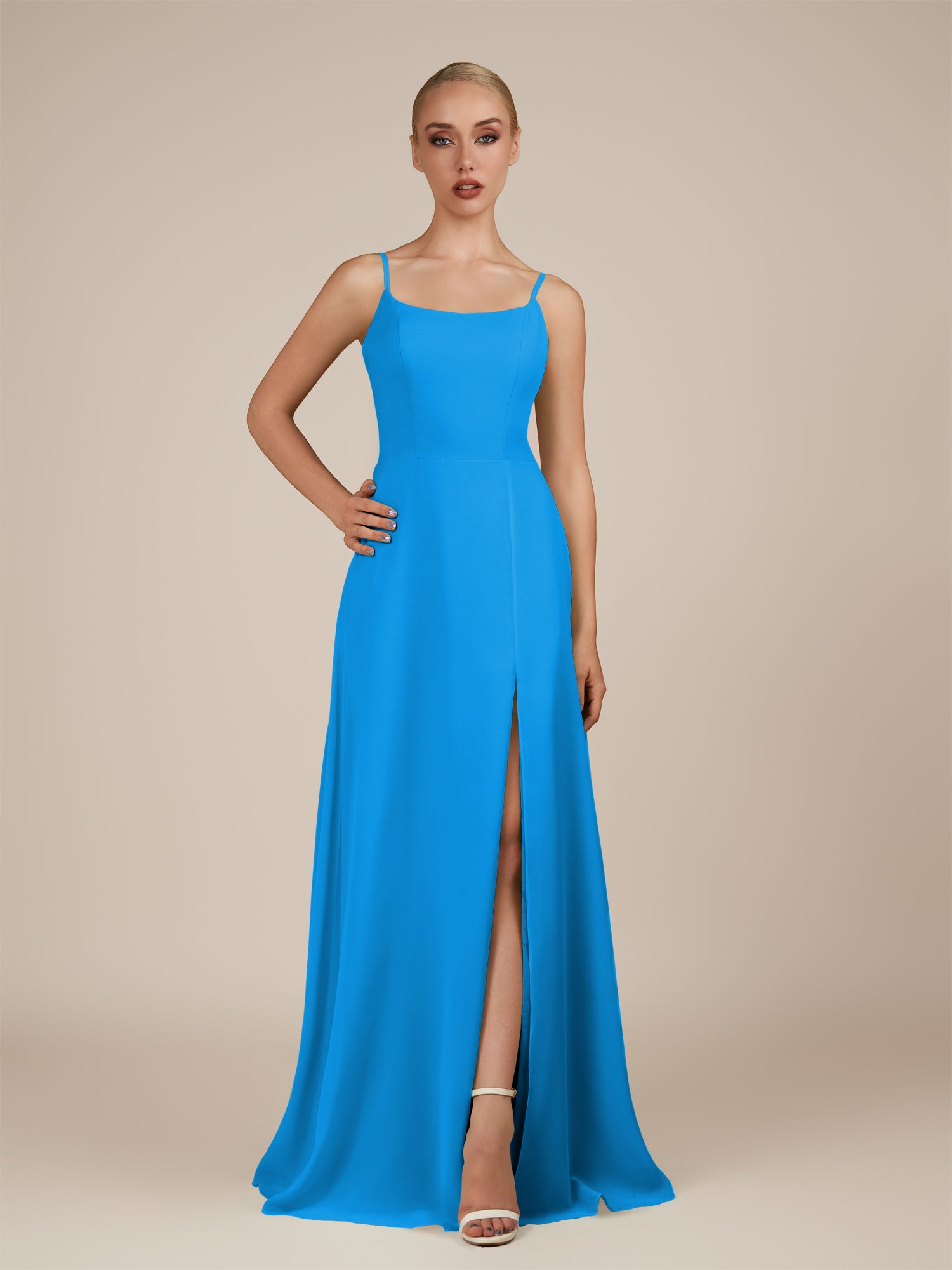 KissDress-Jovienne Blue Jay Sheath Scoop Neck Chiffon Long Bridesmaid Dress with Slit