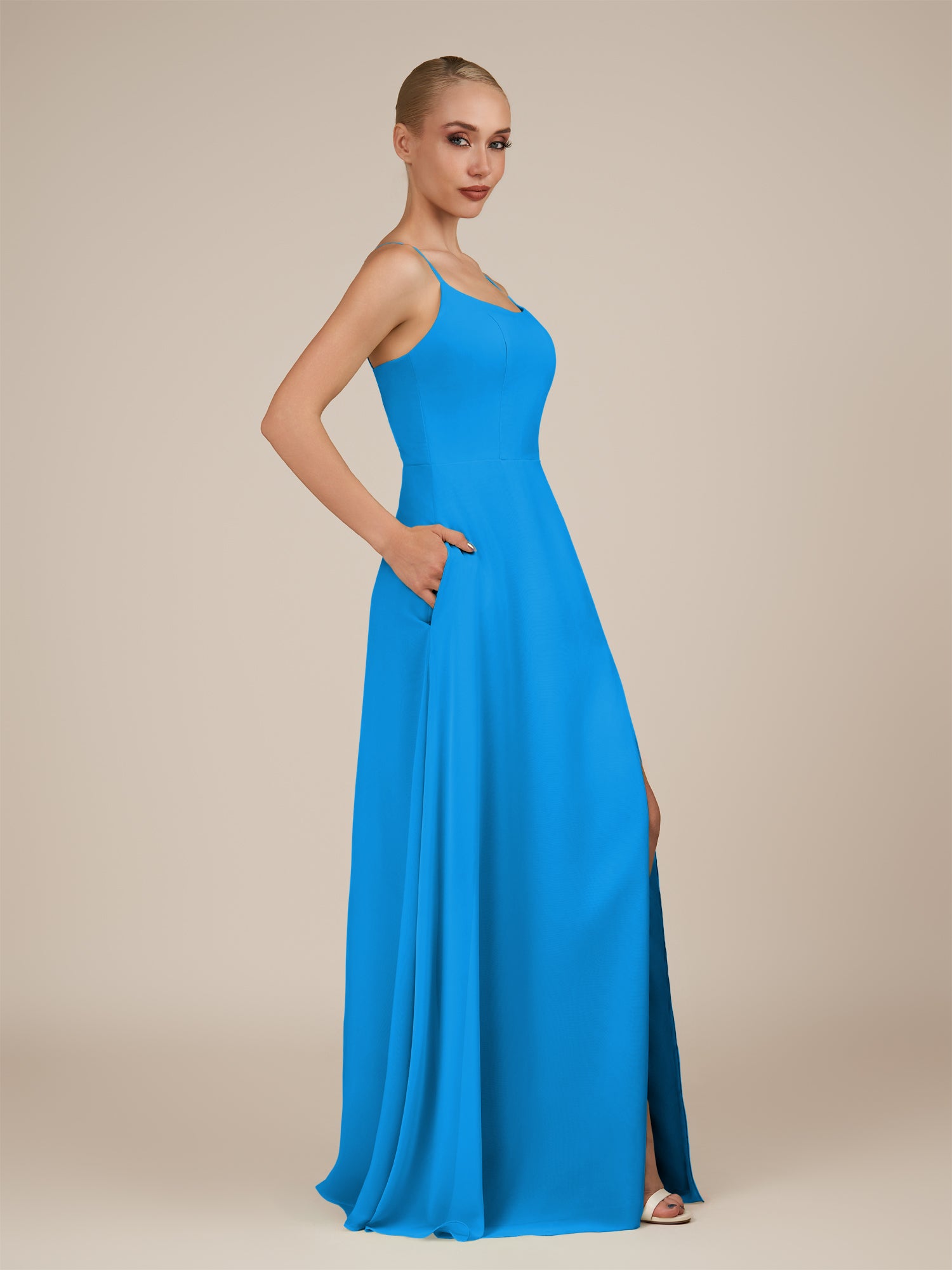 KissDress-Jovienne Blue Jay Sheath Scoop Neck Chiffon Long Bridesmaid Dress with Slit