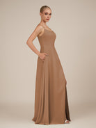 KissDress-Jovienne Bronzer Sheath Scoop Neck Chiffon Long Bridesmaid Dress with Slit