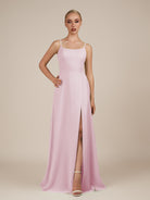 KissDress-Jovienne Candy Pink Sheath Scoop Neck Chiffon Long Bridesmaid Dress with Slit